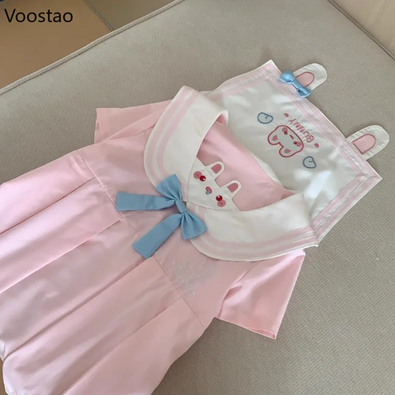 Rosa Kleid im Lolita-Stil, japanische Frauen, Kawaii-Cartoon, Hasenohren, Schleife, Matrosenkragen, Partykleider, süßes Mädchen, süßes Prinzessinnenkleid