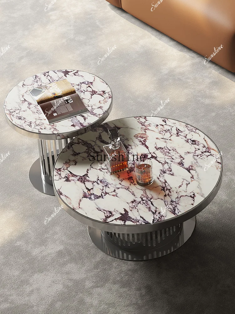 Light luxury small apartment living room household mobile simple rock slab round coffee table  FT