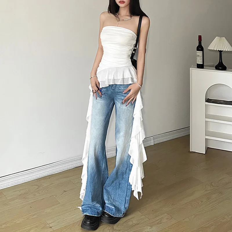2025 Summer New Solid Color Slim Fit Street Fashion One-word Collar Sleeveless Pleated Top European American Style