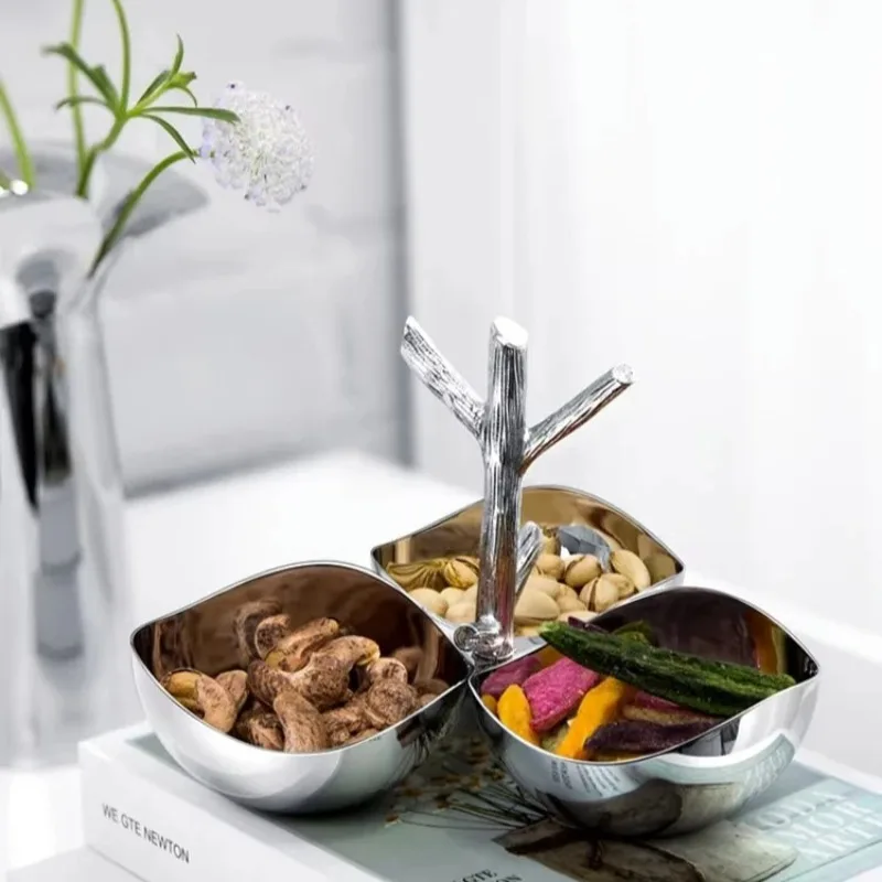 

Luxury Stainless Steel 3-Section Snack Bowl Serving Bowl Dessert Plate with wooden Tray for Home Decoration Table Kitchen Party