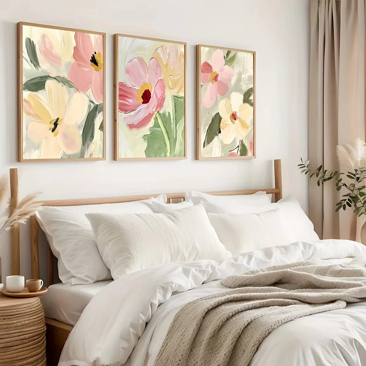 Set of 3 Pastel Wildflower Abstract Canvas Prints - Modern Country Aesthetic Wall Art Posters for Home Decor and Stylish Living