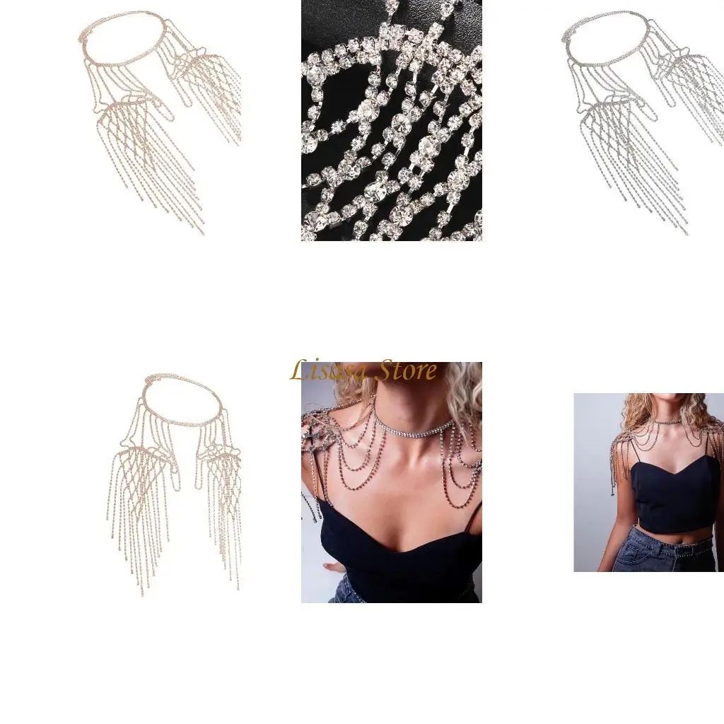

M6CC Stylish Rhinestones Shoulder Jewelry Handmade Chain Collar Necklace for Party