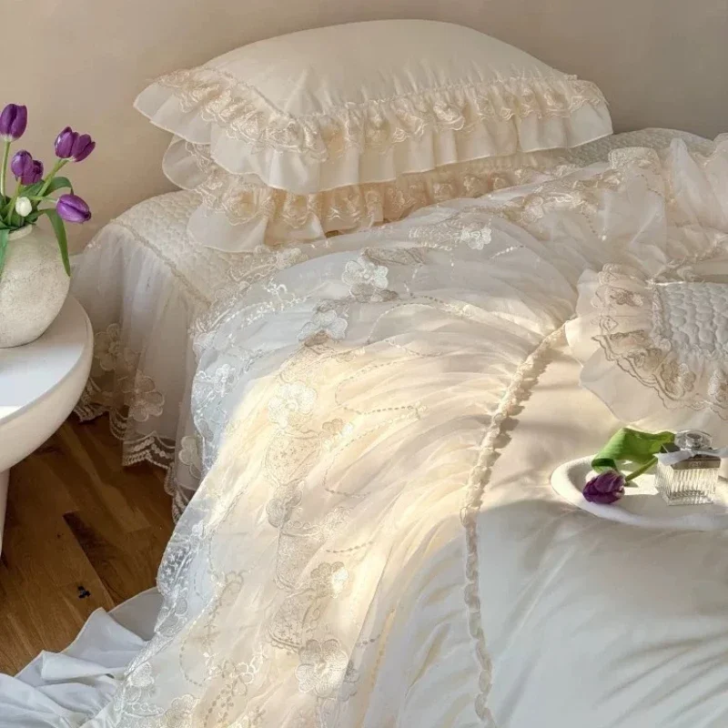 French Style Premium Feel Cotton Long-staple Cotton Four Piece Bed Cover Set Princess Style Lace Lace Duvet Cover Bedding 3