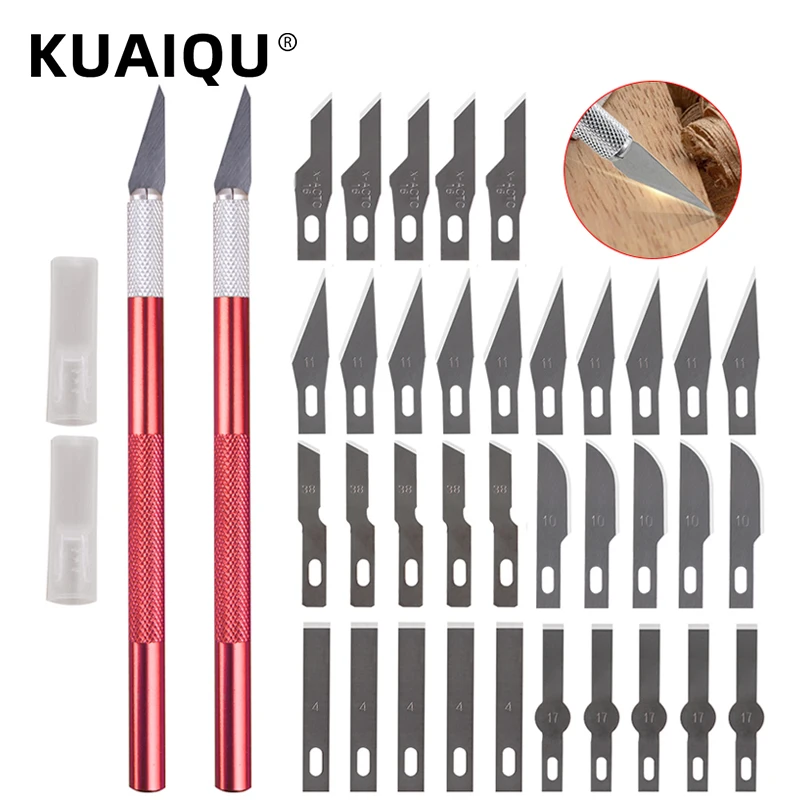 2 pezzi antiscivolo bisturi in metallo intaglio coltello Set taglierina incisione coltelli artigianali + 35 pezzi lame telefono PCB riparazione fai da te utensili a mano