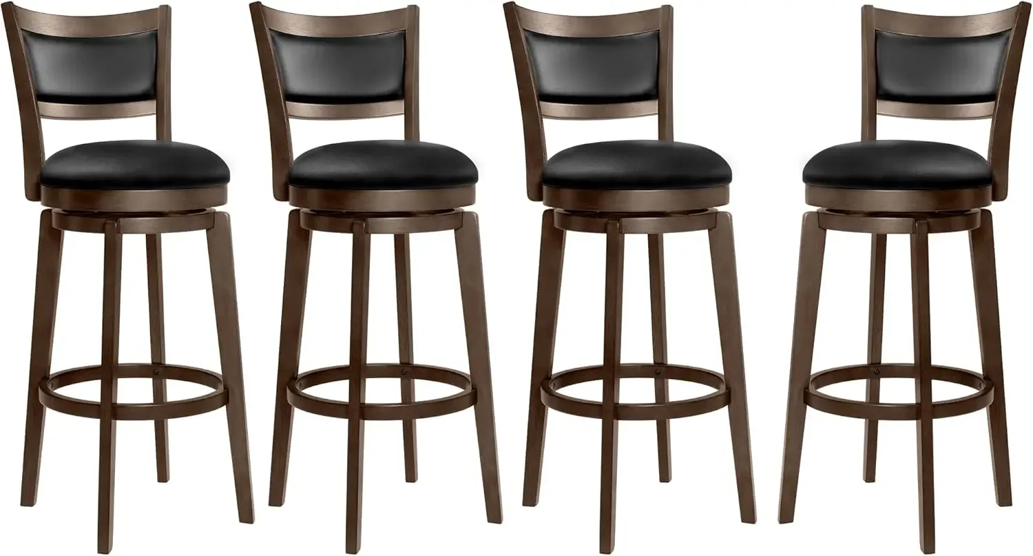 Juego de 4 taburetes de bar con altura de mostrador de 24 pulgadas, taburetes de bar giratorios con respaldo alto, asiento tapizado de piel sintética negra y reposapiés de madera maciza