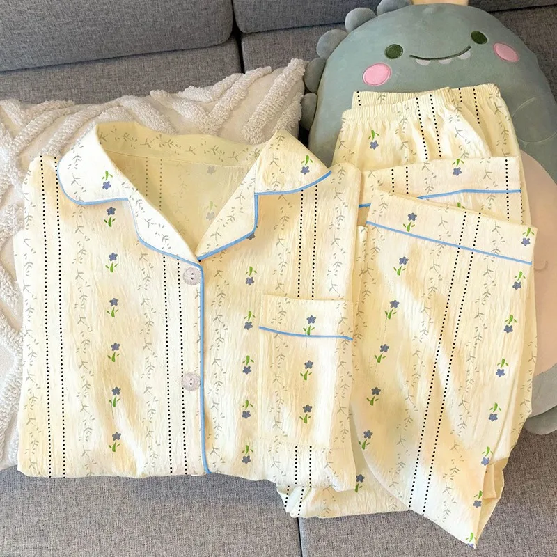 Pijamas Set Women Small Qing Floral Long Sleeve Long Pants Simple Loungewear Plus Size Nightwear Cardigan Button Sleepwear