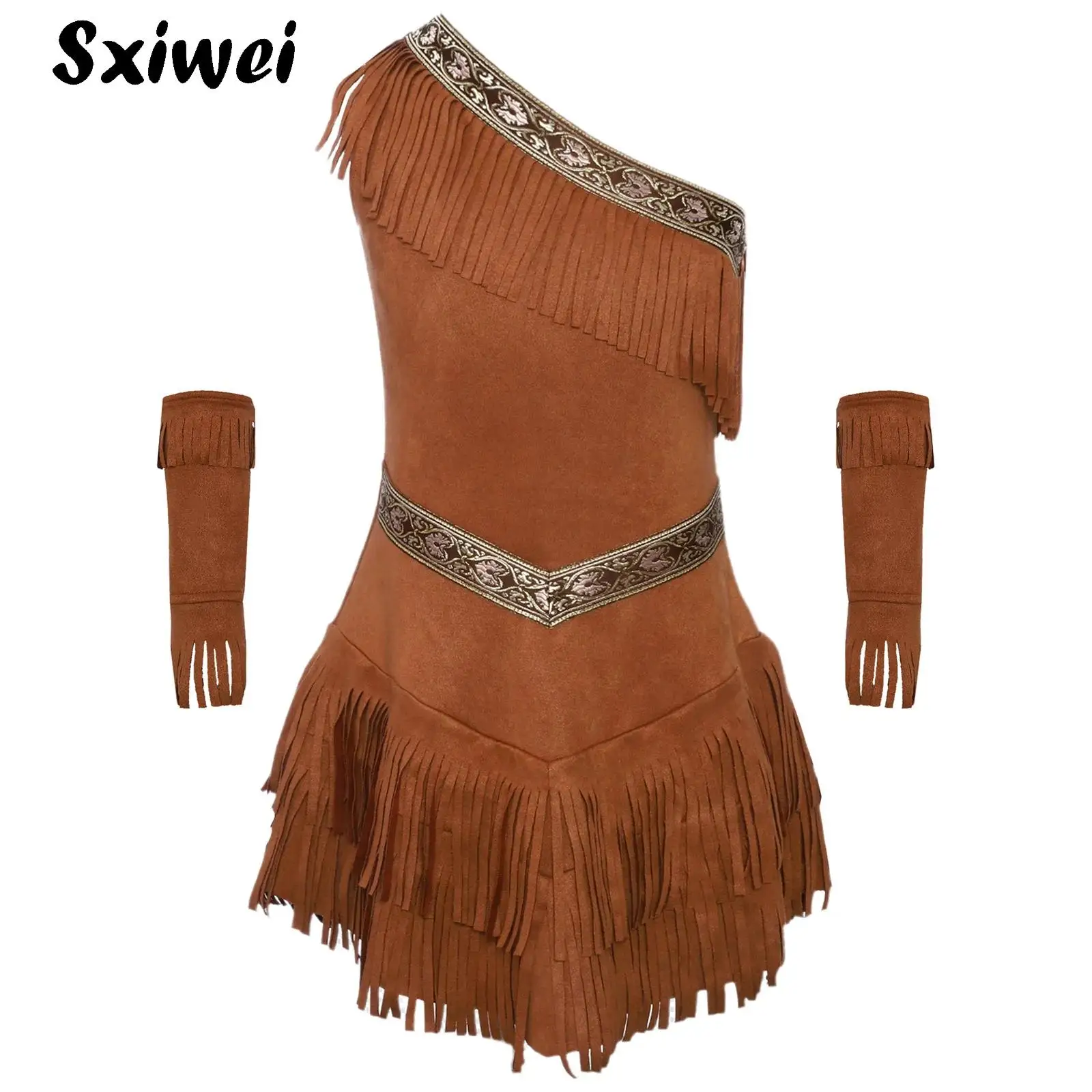 Kids Girls Indian Indigenous Princess Halloween Cosplay Costume Suit One Shoulder Tassel Forest Hunter Dress Up Fringe Dress