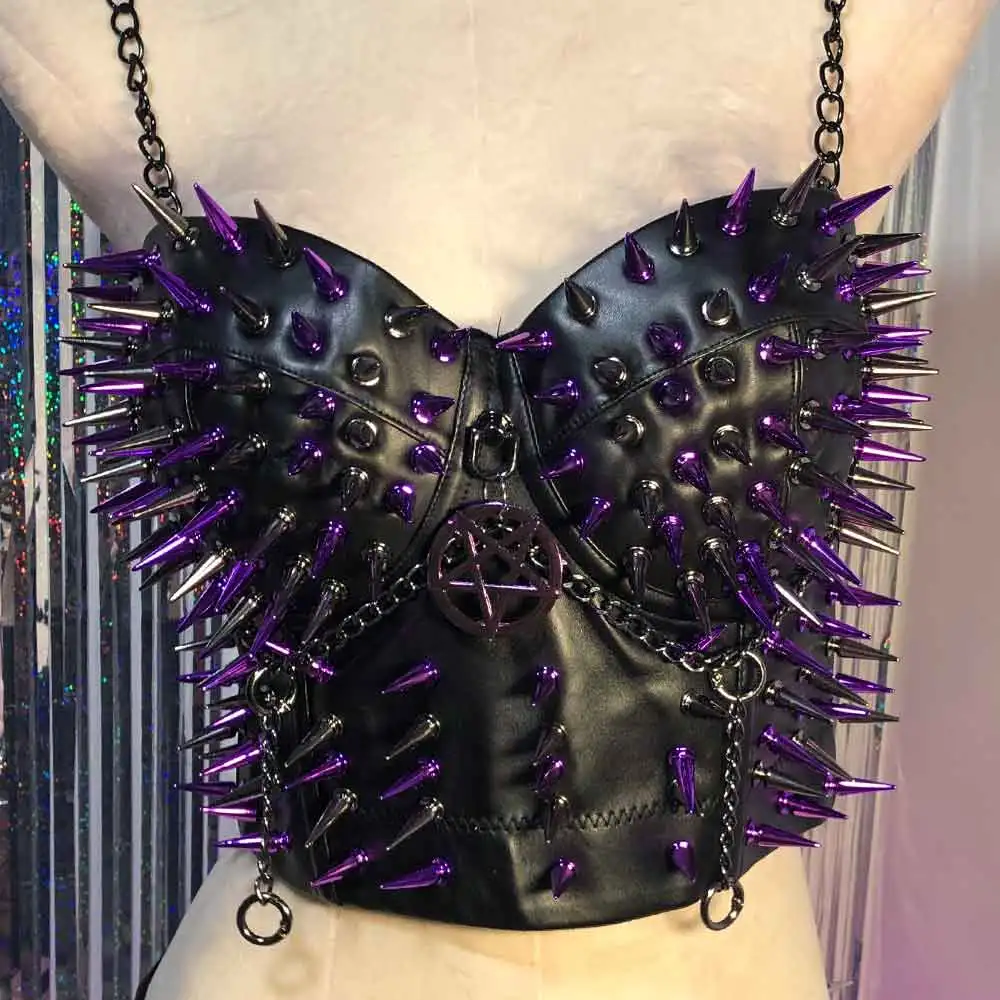 

Gothic Teen Punk Rock Purple Studded Harajuku Grunge Eco E-Girls Kawaii 2026 90s Trendy Emo DIY Goth Y2K Vegan Leather TOPS