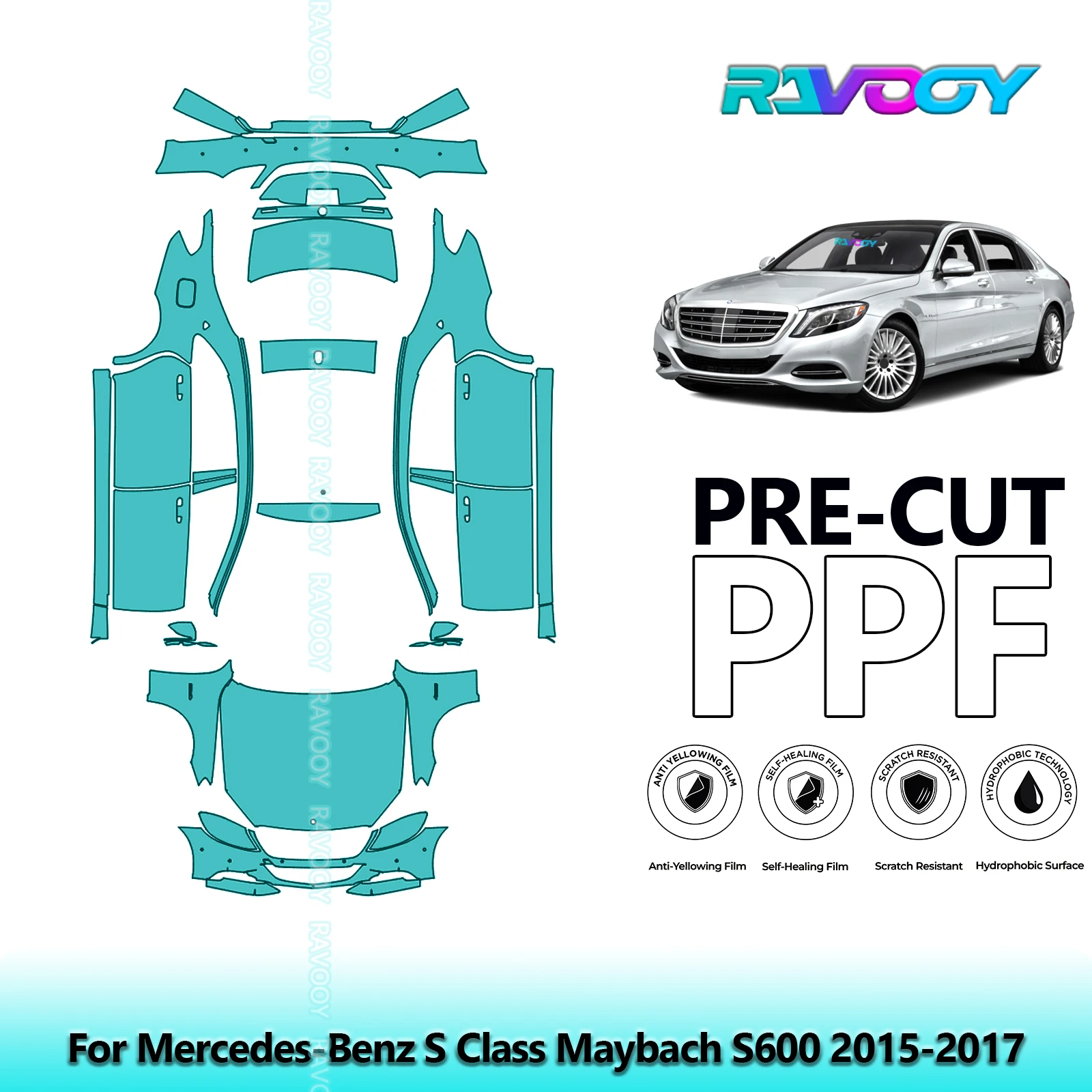 RAVOOY Custom-Fit Precut TPU PPF Full Vehicle Clear Bra Stone Chip Guard EU UK For Mercedes-Benz S Class Maybach S600 2015-2017