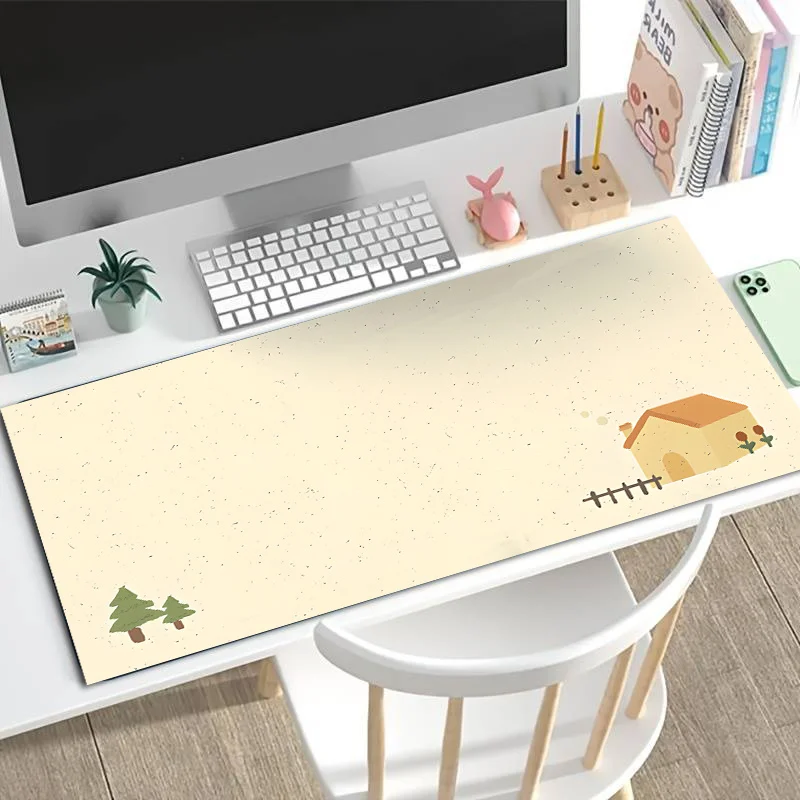 1pc Extra-Large Gaming Mouse Pad with Cute Anime-Style Minimalist House and Tree Pattern, Made of Diatomite Material - Features a Non-Slip Rubber Base, Perfect