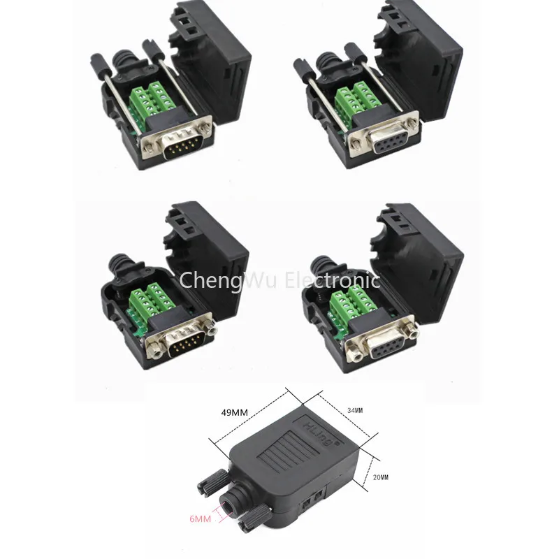 Two Row DB9-pin Solderless Connector RS232/485 Adapter Board 9P Serial Port COM Port 21/24 AWG Wire Solderless Male Female Plugs