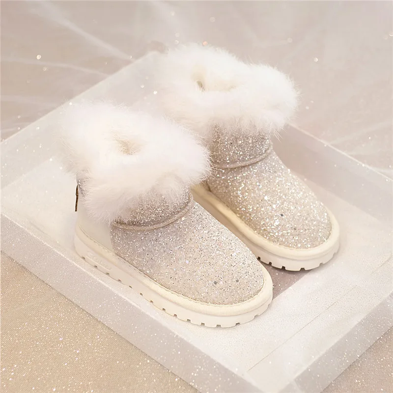 Toddlers/Little Girl\'s real fur snow boots Glitter Warm Winter ankle boot with Cotton Lining and Cute Bow