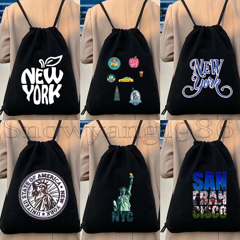 New York City The Big Apple NYC Cute Gifts Statue Of Liberty Stamp San Francisco Lettering Drawstring Bag Backpack Gym Sackpack