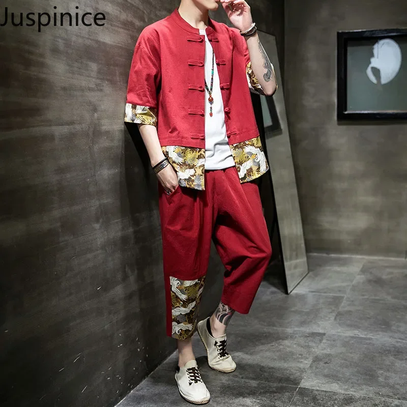 

Chinese Style Retro Splicing O-neck Shirt Trousers Set Men's Slim Loose Casual High Street Personalized Top Jackets Pant Set