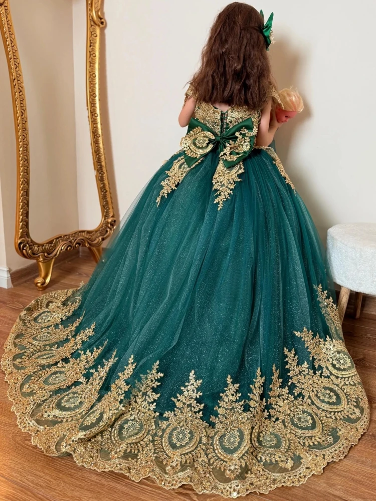 

Customized Dark Green Flower Girl Dress Gold Floral Appliques With Bow Sleeveless For Wedding Birthday Party Prom Banquet Gown