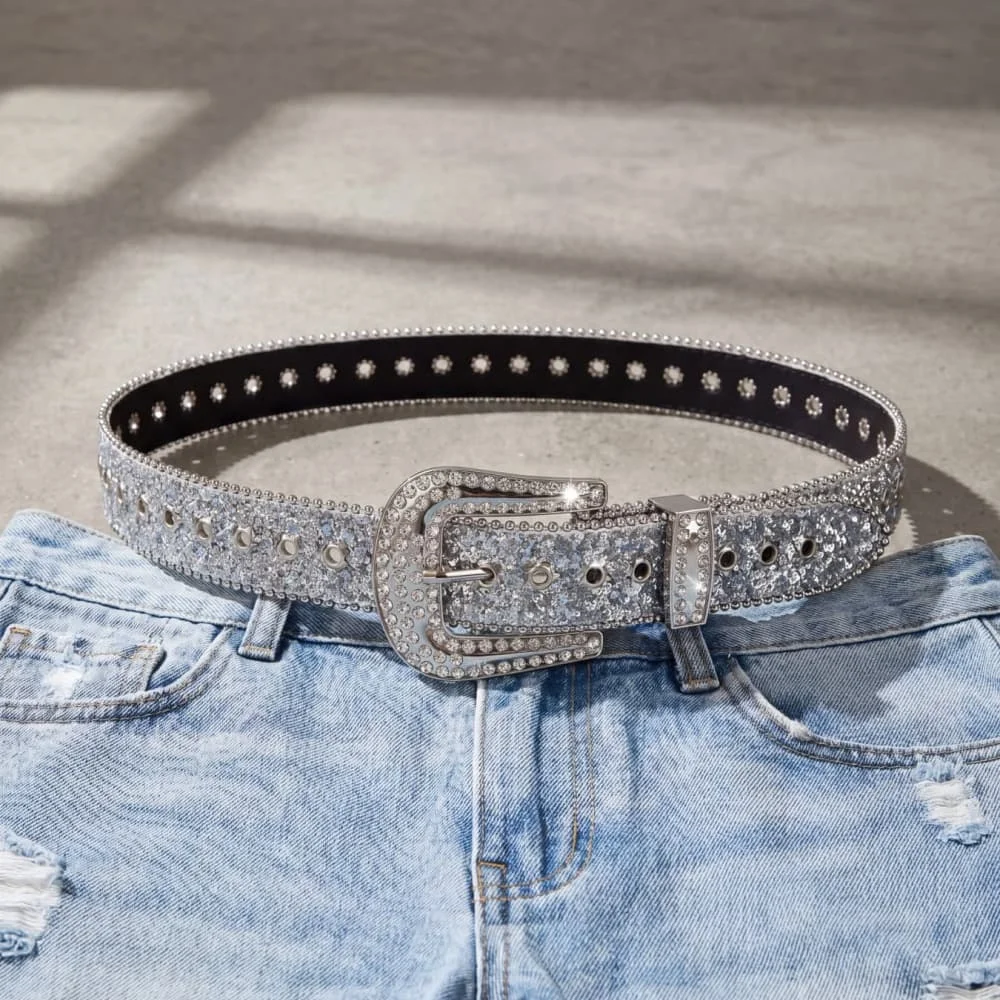 New Arrival Women Rhinestone Belt European American Punk Rivet Hip Hop Locomotive Waist Belt Y2K Style