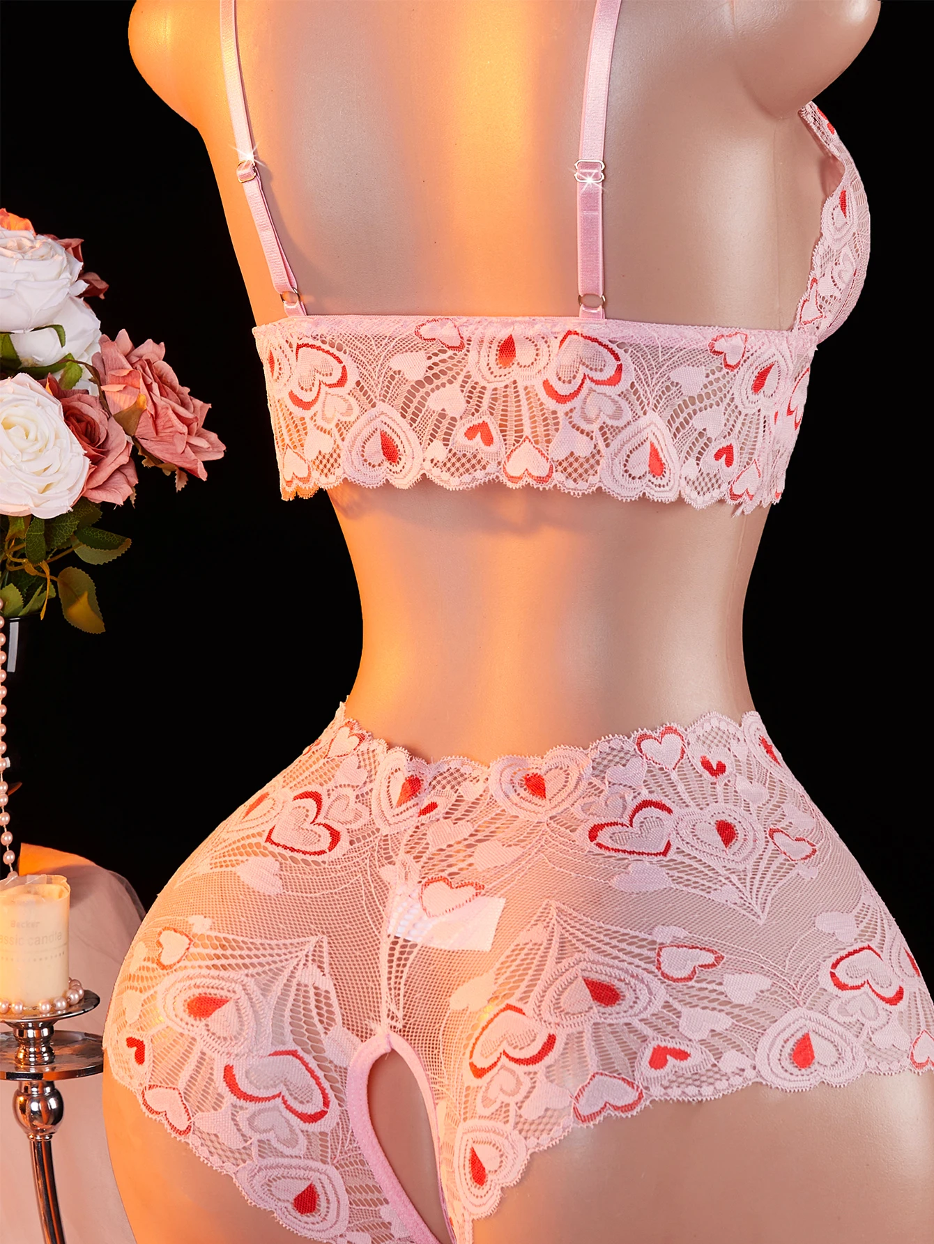 Pakaian Tidur Wanita 2-pcs Erotis, Bra Terbuka, Piyama Seksi Berbahan Renda Transparan, Motif Hati Pink, Lucu, Nyaman, Bernapas, Celana Pendek Tanpa Selangkangan