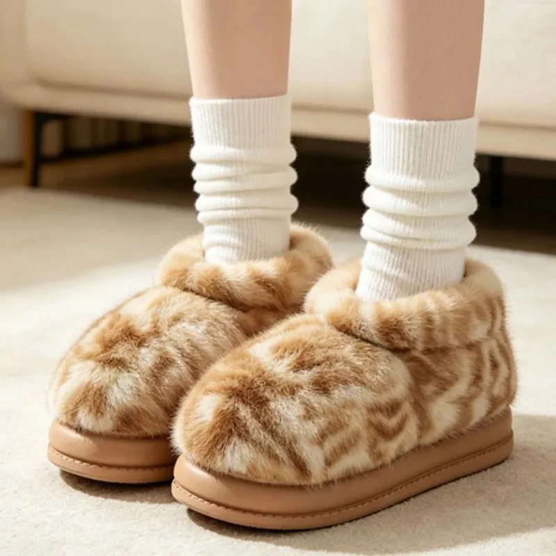 new Warm Fluffy Leopard Plush Ankle Boots For Women Winter Faux Fur Closed Slippers Thick Non Slip Platform Sole Casual Footwear