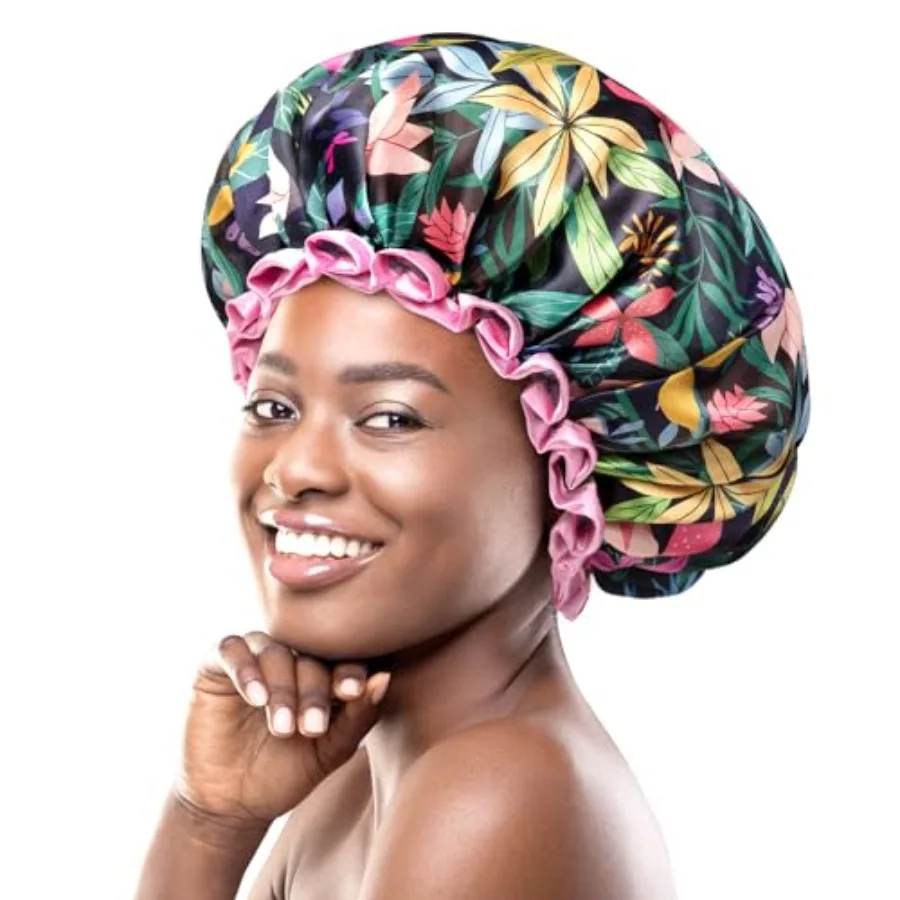 

Large Shower Cap for Women Long Hair, Rainforest Bath Shower Caps with Pink Lace, Reusable Waterproof Shower Hat for Girls