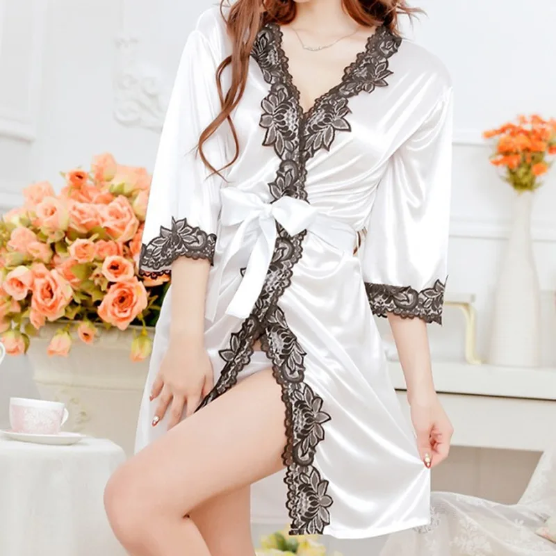 Women Silk Satin Short Night Robe Solid Kimono Robe Fashion Bath Robe Sexy Lace Bathrobe Peignoir Femme Nightdress Pajamas