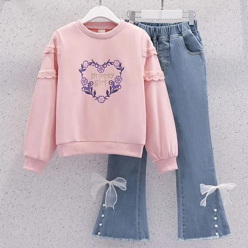 Spring Fall Girls Casual Conjuntos Sweet O Neck Sweatshirts Tops And Fashion Design Flare Jeans Ensemble Children's 2 Piece Sets