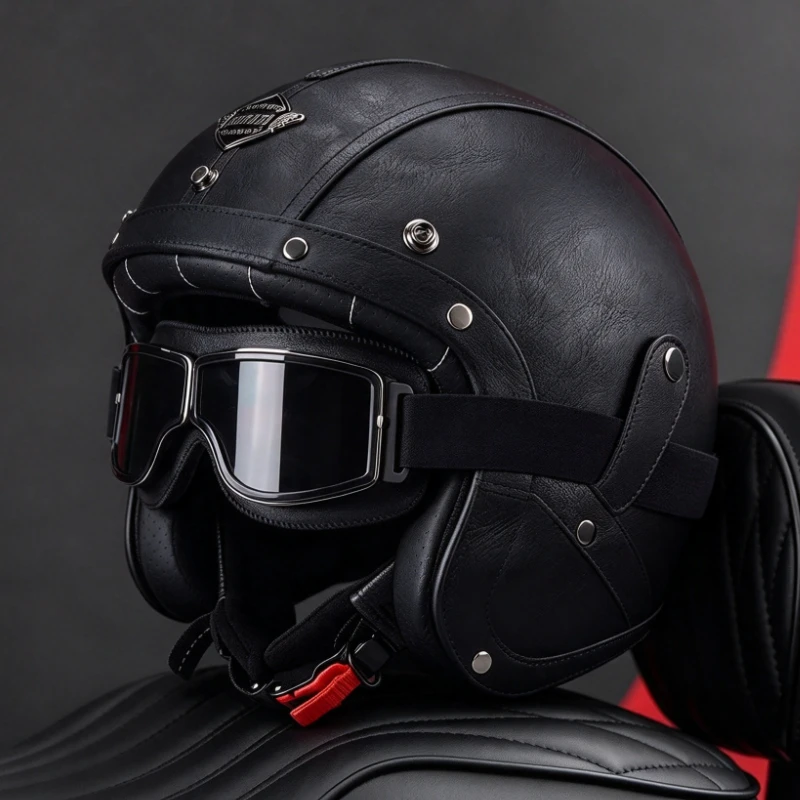 Vintage Black Leather Motorcycle Helmet Retro Open Face Chopper Casque Capacete Motorbike De Moto Masculino Casco Moto