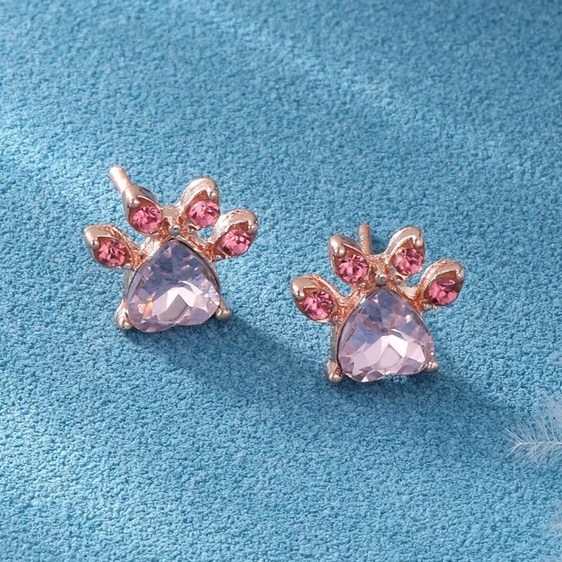 Серьги Женские Creative Footprint Pink Crystal Stud Earrings For Woman Wedding Jewelry Gift Cute Small Cat Claw Earrings