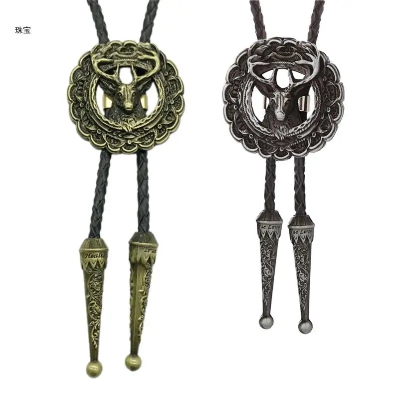 

X5QE Unisex Bolo Tie Hiphop Necktie Handmade Vintage Metal Elk Head Badges Pendant Braided Leather Rope Western Necklace