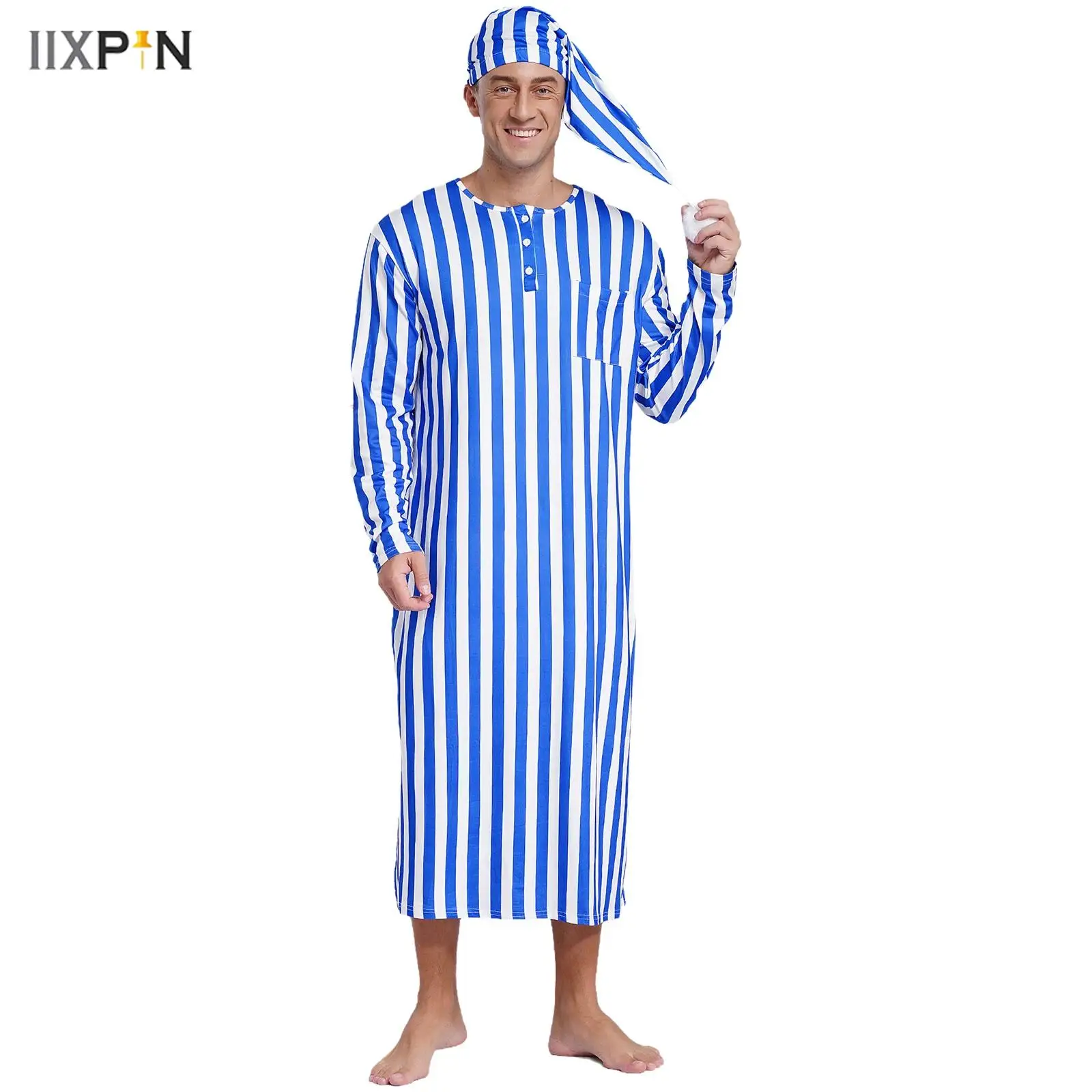

Mens Sissy Nightwear Striped Sleep Robe with Hat Long Sleeve Long Robe and Pompom Adjustable Sleep Hat Arabian Muslim Pajamas