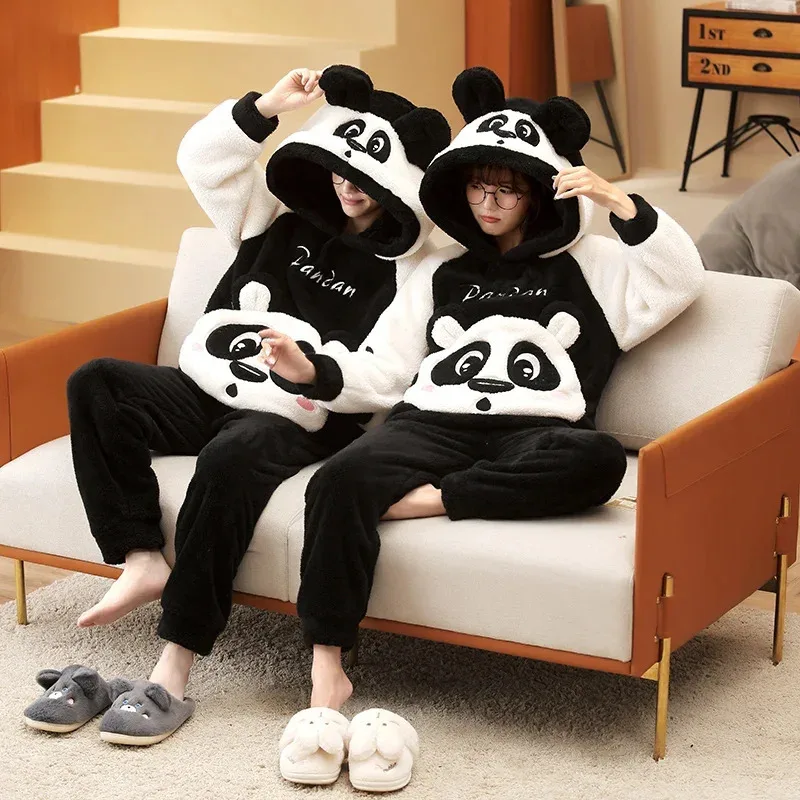 Coppia invernale Pigiama Set Donna Uomo Peluche Morbido Addensare Pigiama Indumenti da notte Coreano Allentato Homewear Cartoon Panda Pigiama Vestito