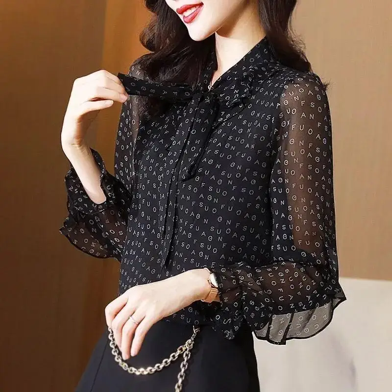 Elegant Fashion Letter Print Bow Chiffon Shirt Spring Summer 2023 New Ruffled Neck Long Sleeve Pullover Blouse Women\'s Clothing