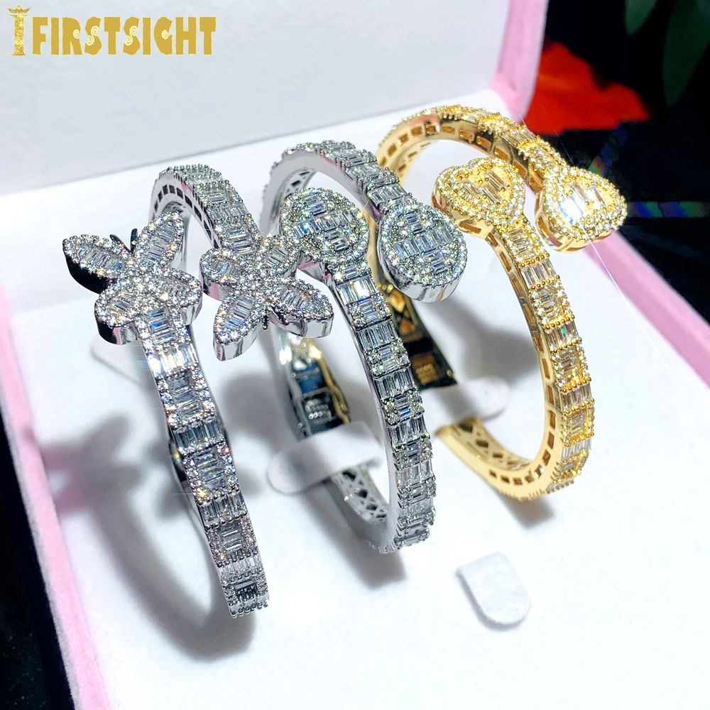 Nowy Iced Out Bling Butterfly bransoletka z serduszkiem kolor srebrny CZ cyrkon owalny amulet otwarty bransoletka dla kobiet mężczyzn Hiphop luksusowa biżuteria
