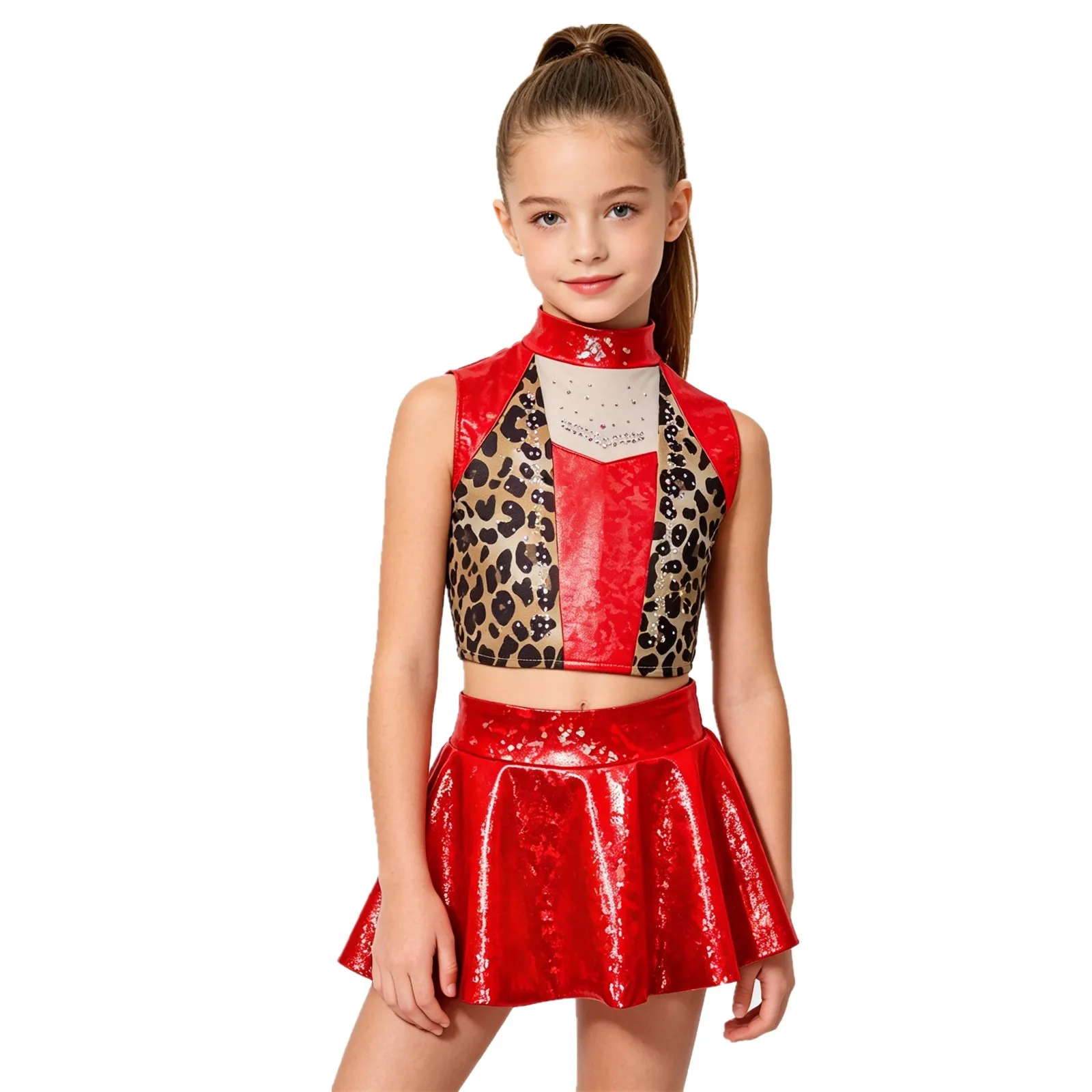 

Girls Metallic Shiny Jazz Dance Cheerleading Outfit Rhinestone Mesh Crop Tank Top with Culottes School Party Carnival Costume