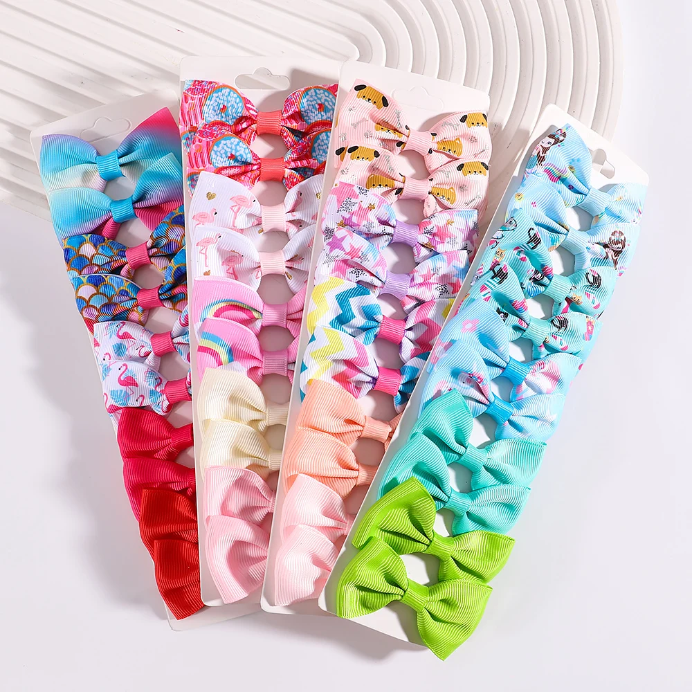 10pcs/Set Baby Girls Printed Unicorn Mermaid Donuts Hair Bow with Clip  Cute Hair Clip Headwear Barrettes Hair Accessories