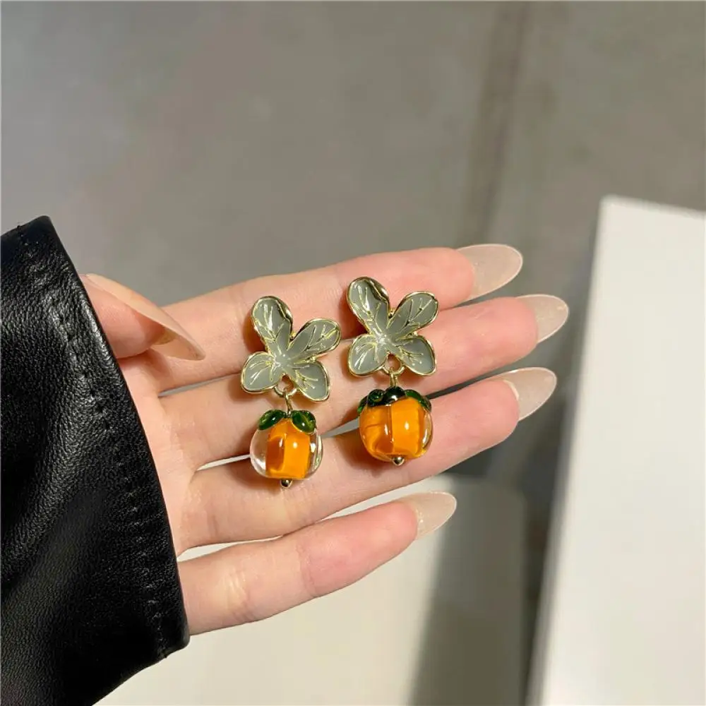 Gift Persimmon Ruyi Clip Ear Retro Glass Persimmon French Stud Earrings For Women Girl Advanced Female Earrings Jewelry