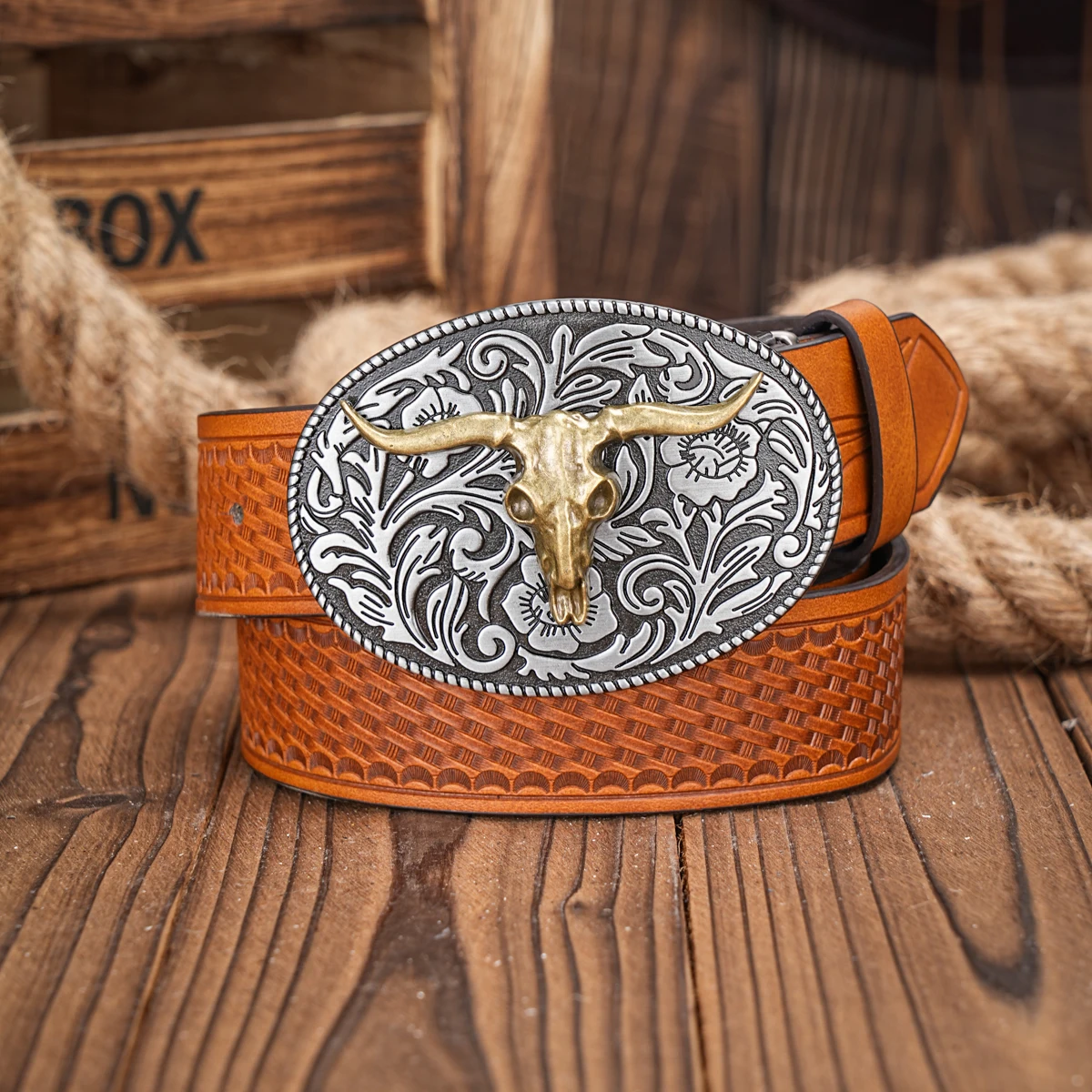 Western Cowboy PU Leather Belt - Men Waist Strap Bull Decoration Floral Engraved for Jeans