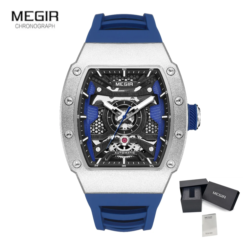 MEGIR 8604 Luxury Men's Automatic Mechanical Watch Waterproof Hollow Out Silicone Strap Sports Wristwatch Clock Reloj Hombre