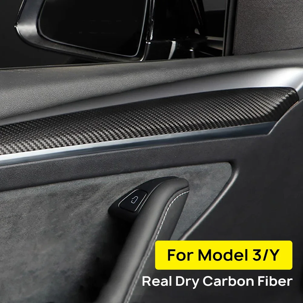 Car Front Door Inner Armrest Panel Cover Trim For Tesla Model 3 2021-2023 Model Y 2019-2023 Real Dry Carbon Fiber Accessories