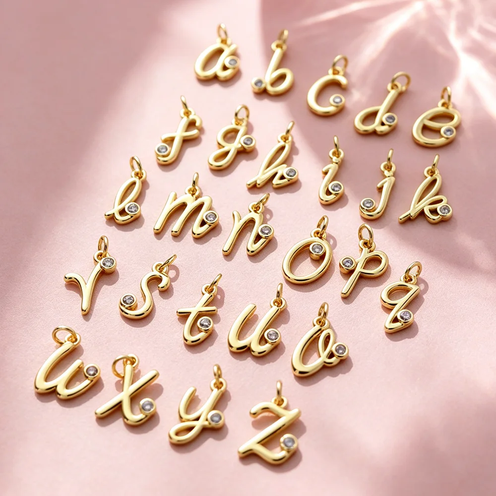 Dainty Zircon Lowercase Script Letter Charms 26 a-z Cursive Alphabet Pendants for Custom Initial Handwriting Jewelry Making