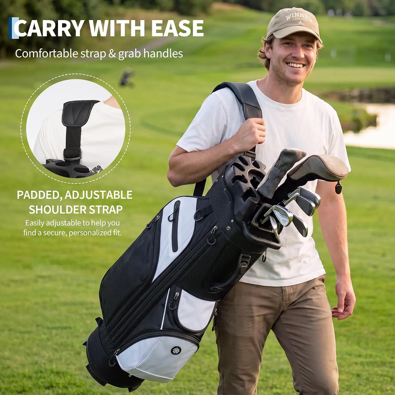 Golf Lightweight Stand Bag Multifunction PU Leather Golf Rack Bag with 14-Way Divider 420D Nylon Build,Over-Sized Putter Well,Easy Grip Storage,Quick-Release Rain Hood,Anti-Slip Base,Smooth Zippers