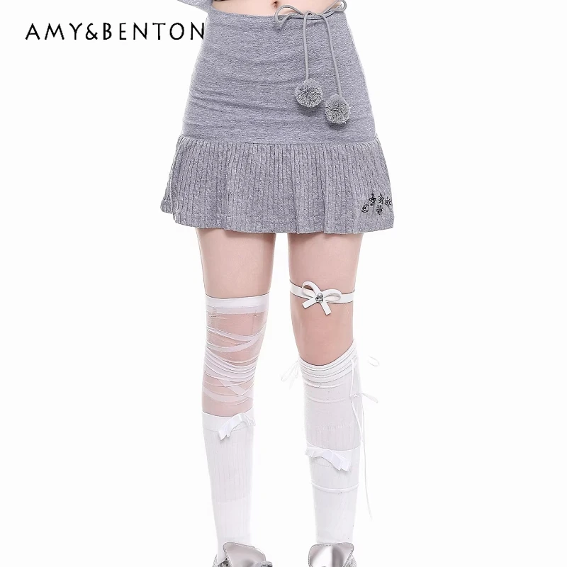 

Japanese Design Solid Color Lace-up Women's Short Skirt 2026 Spring Autumn New Sweet Cute Slimming Versatile Tight Skirts Ladies