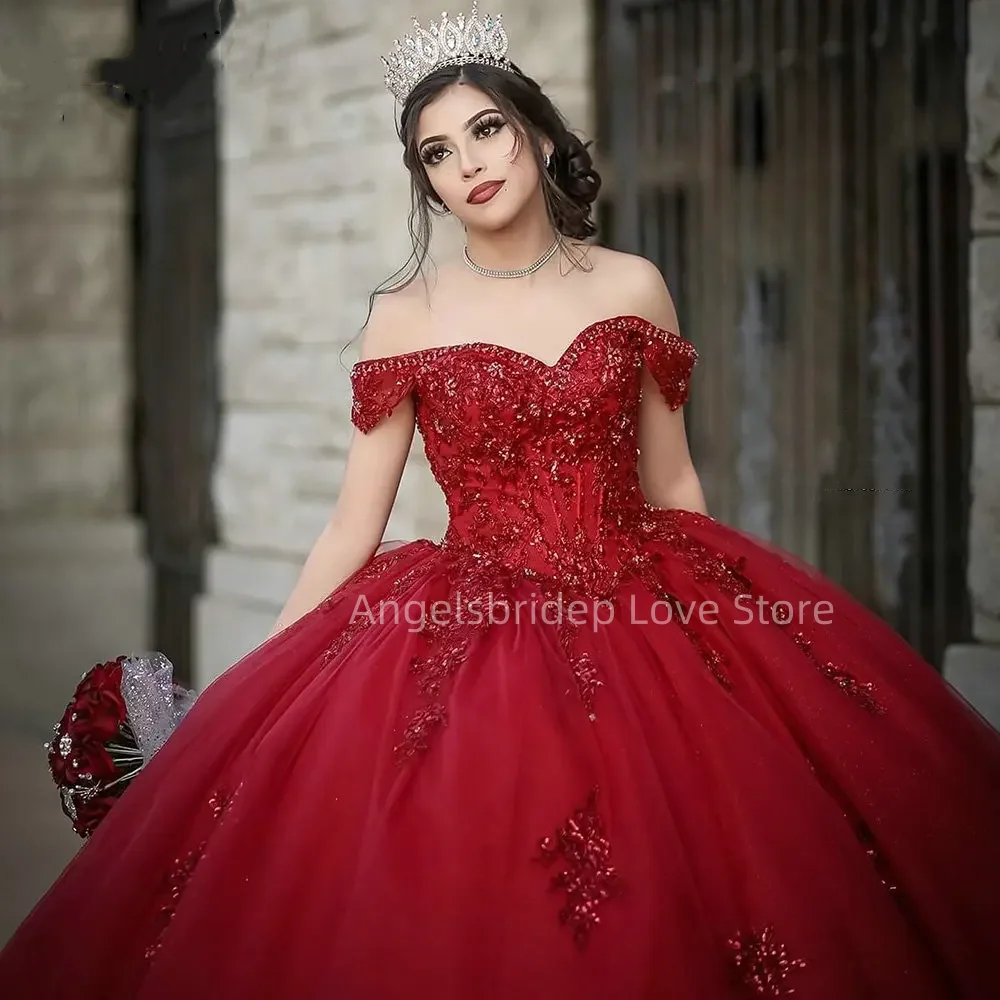 Angelsbridep vestido De baile mexicano burdeos, quinceañera, apliques brillantes, corsé con cuentas, Vestidos De XV Anos