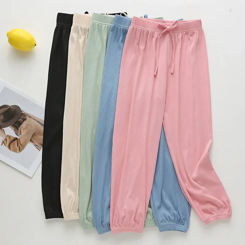 Baby Girls Ice Silk Wide Leg Pants Childen\'s Summer Solid Drawstring Sports Trousers Kids Boy Casure Harem Clothes Home Wear