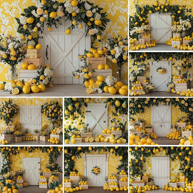 

LS Photography Background Summer Lemon White Barn Door Kids Birthday Party Cake Smash Portrait Decor Backdrop Photo Studio