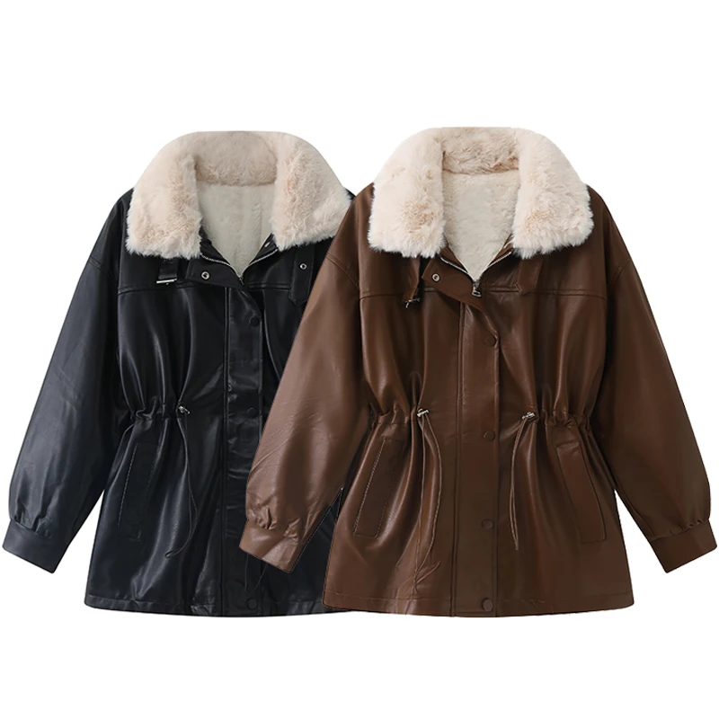Abrigo de cuero Retro americano para mujer, cuello vuelto, cremallera, cintura elástica, ropa de abrigo, chaqueta que combina con todo, moda de