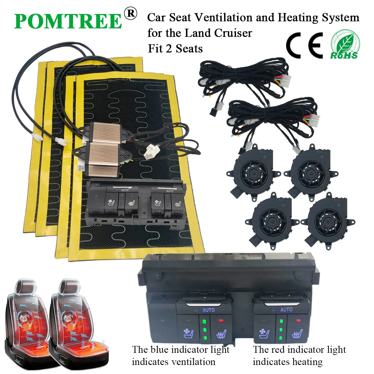 Built-in Car Seat Ventilation and Heating System Kit Fit 2 Seats,with Fans & 3-level Switch Suitable For Toyota Land Cruiser