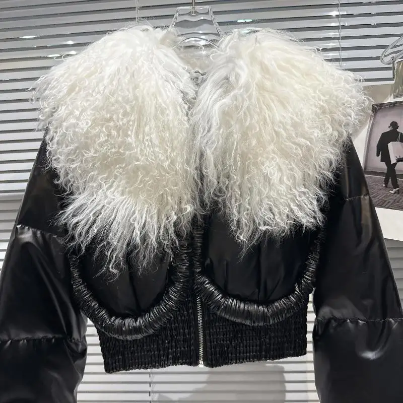 Hot Girl Style Lamb Fur Collar Glossy Long Sleeve Cotton Coat Female 2023 Winter New Short Warm Cotton-Padded Coat for Women