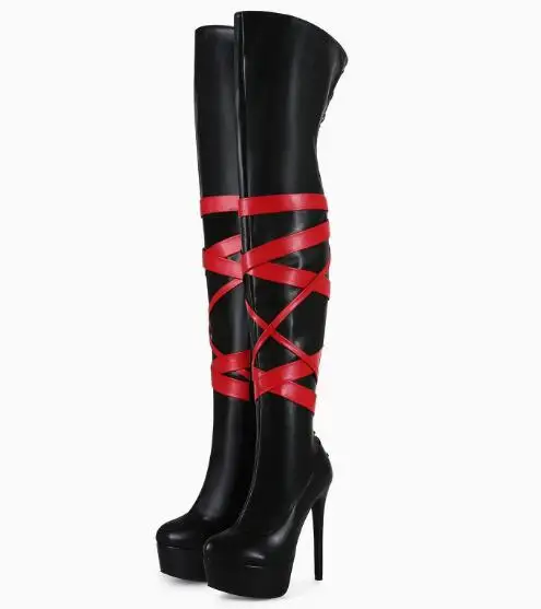 

Winter Women Black Matte Leather Red Straps Cross Stiletto Heel Over Knee Boots Female Round Toe Platform Cross Tied Thigh Boots