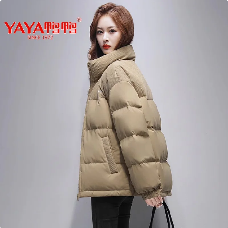 YAYA 2024 Winter Women Stand Collar Puffy Coat Loose Style 90% Short Thick White Duck Down Jacket Windbreak Outwear