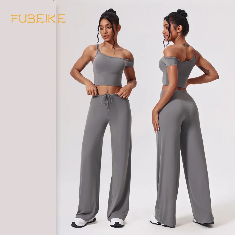 FUBEIKE Yoga Outfit Set Asymmetrical Shoulder Tight-Fitting Quick-Dry Running Fitness Outfit Loose Casual Sportswear Clothes